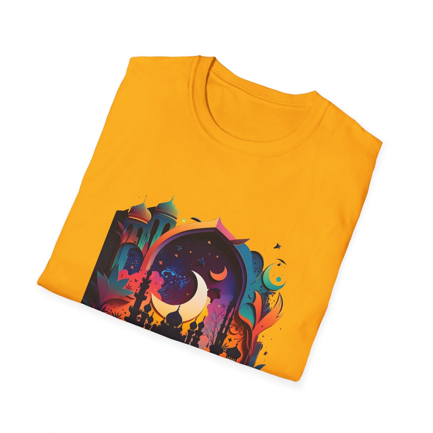 Celestial Unisex T-Shirt with Islamic Theme, Festival Wear Neon Color Masjid