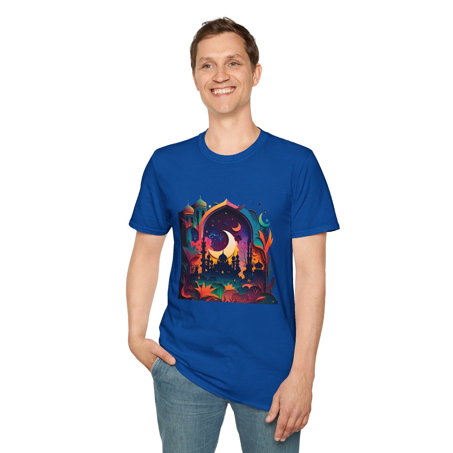 Celestial Unisex T-Shirt with Islamic Theme, Festival Wear Neon Color Masjid