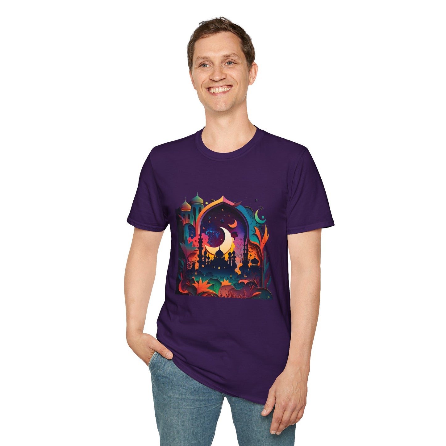 Celestial Unisex T-Shirt with Islamic Theme, Festival Wear Neon Color Masjid