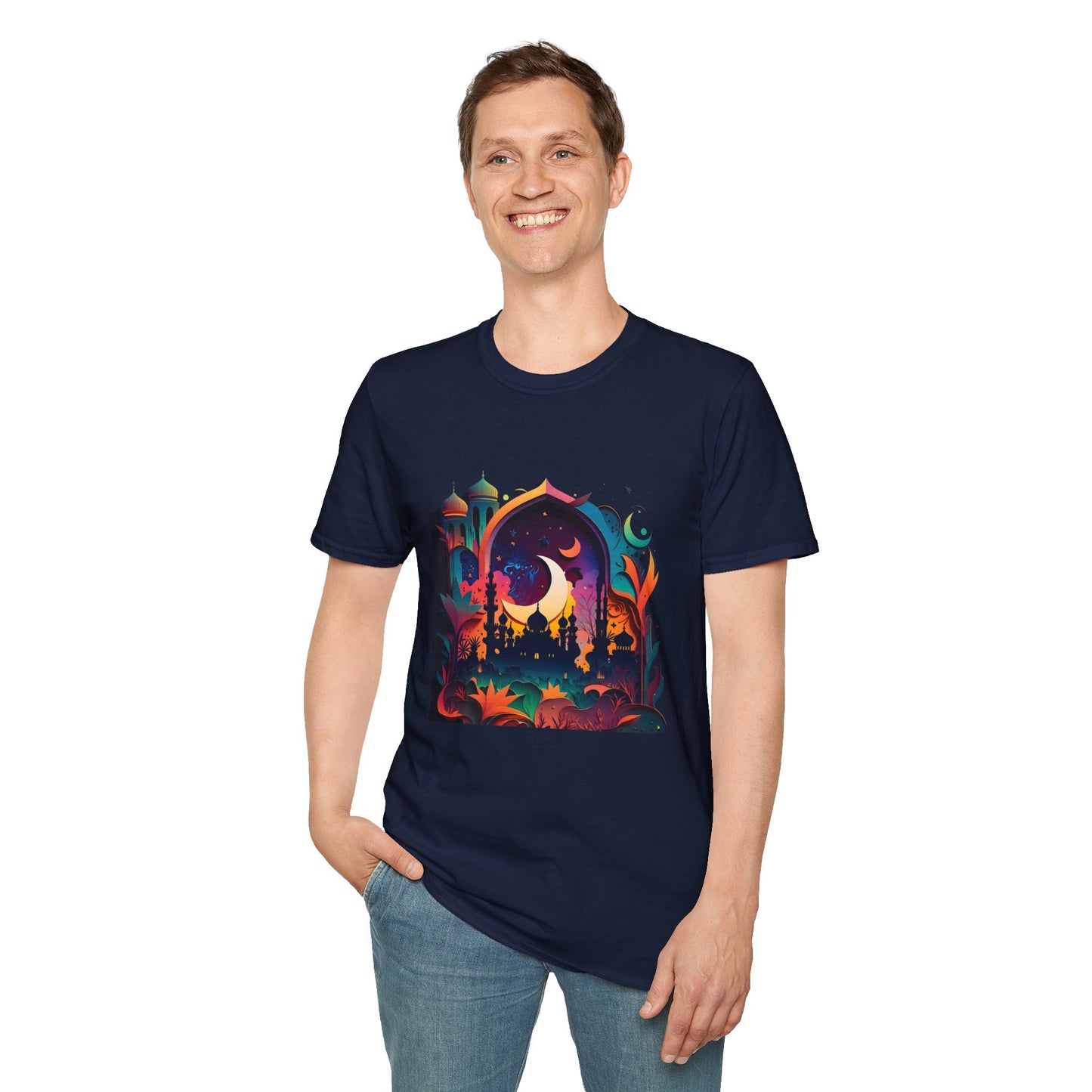 Celestial Unisex T-Shirt with Islamic Theme, Festival Wear Neon Color Masjid