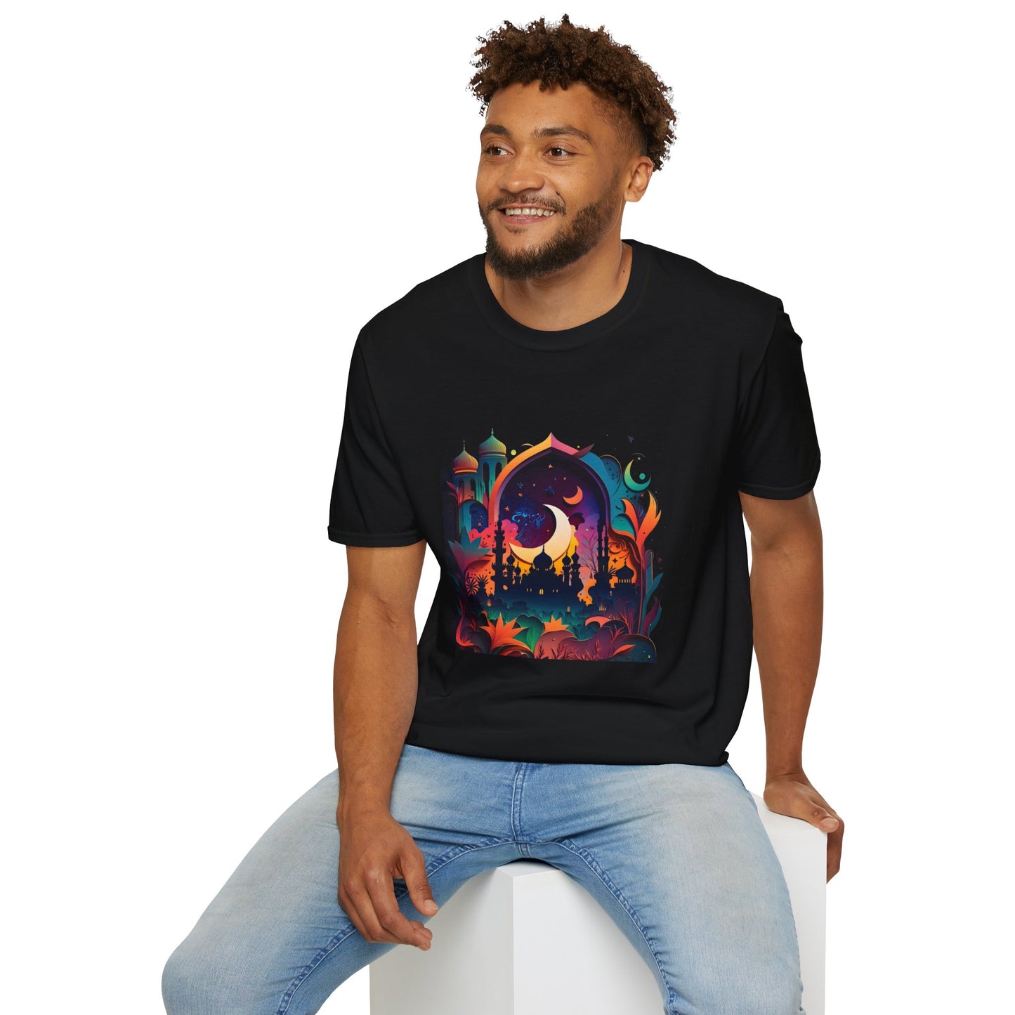 Celestial Unisex T-Shirt with Islamic Theme, Festival Wear Neon Color Masjid