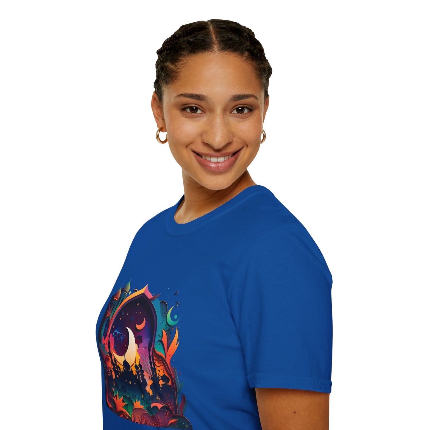 Celestial Unisex T-Shirt with Islamic Theme, Festival Wear Neon Color Masjid