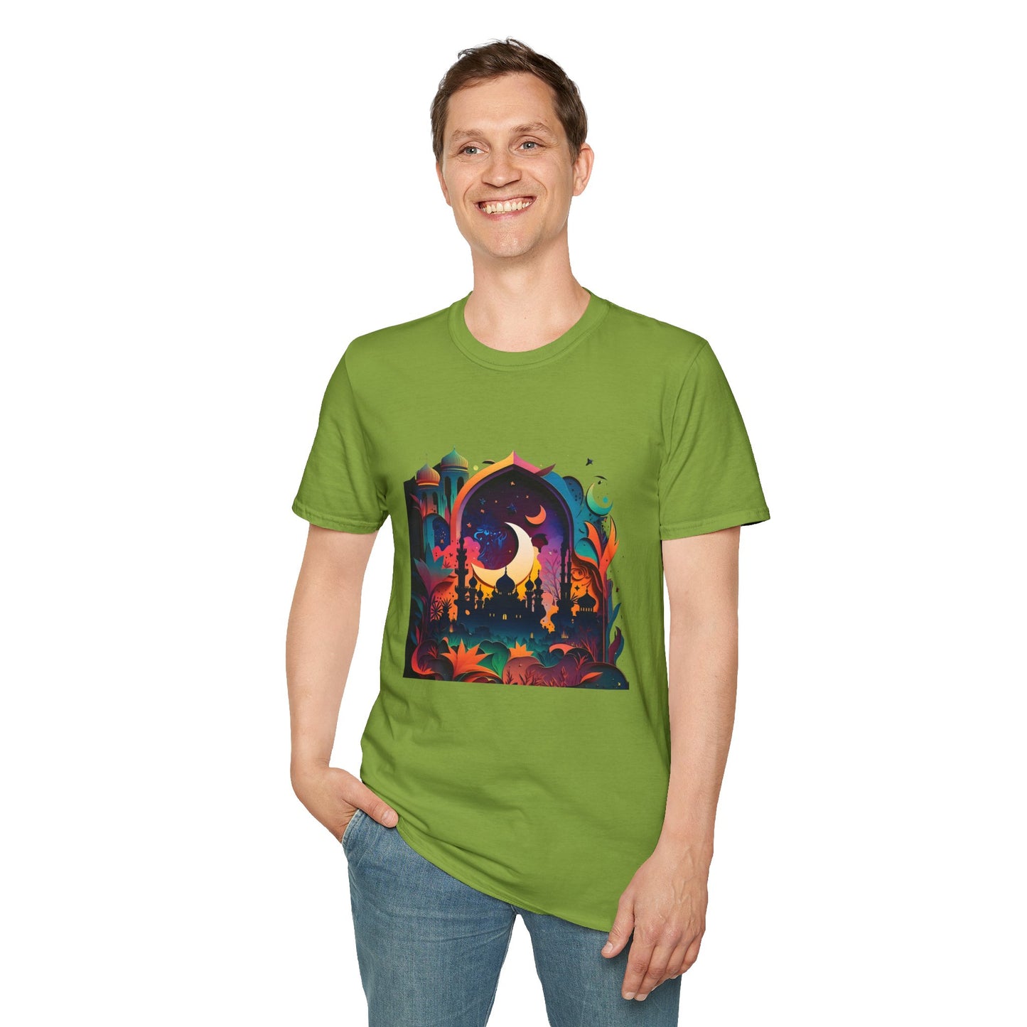 Celestial Unisex T-Shirt with Islamic Theme, Festival Wear Neon Color Masjid