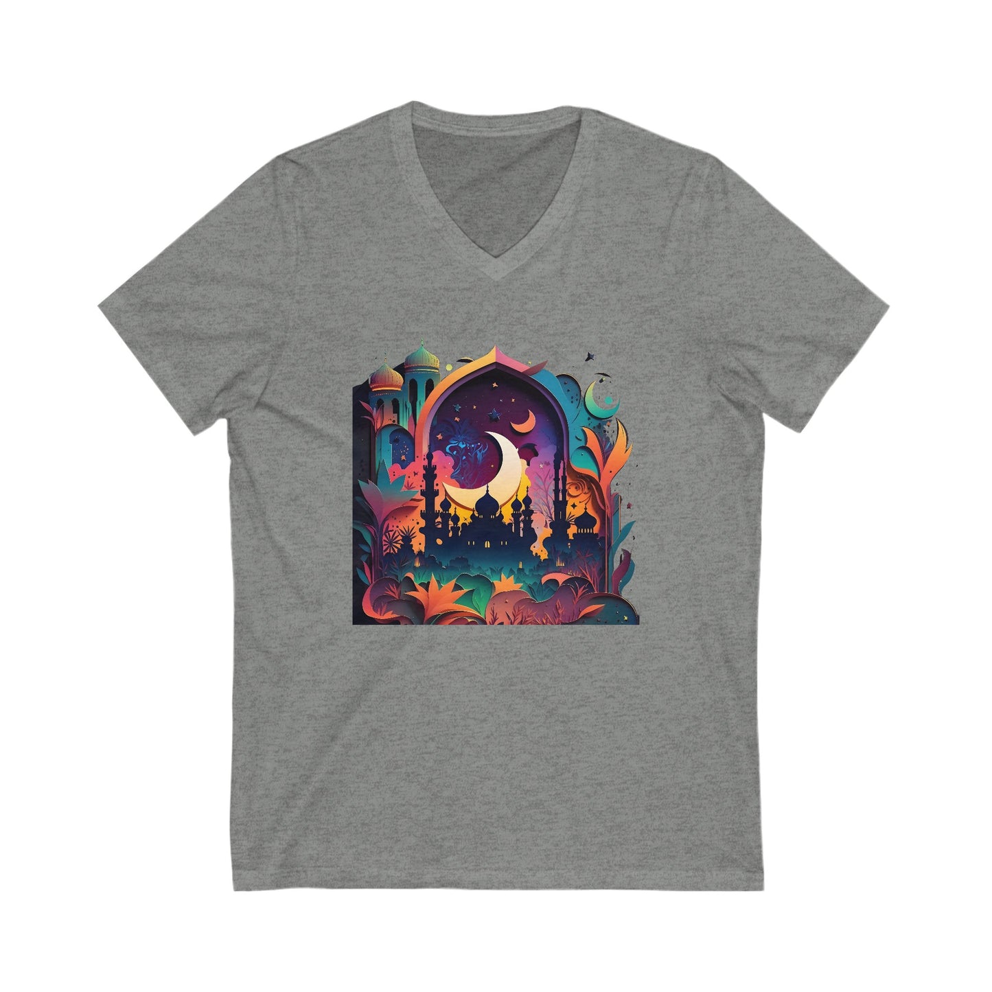 Neon Dreamscape Mosque colorful Ramadan Hajj Islamic, Muslim gifts, Unisex, Jersey Short Sleeve, V-Neck Tee, Umrah, Religious Tee, Islamic