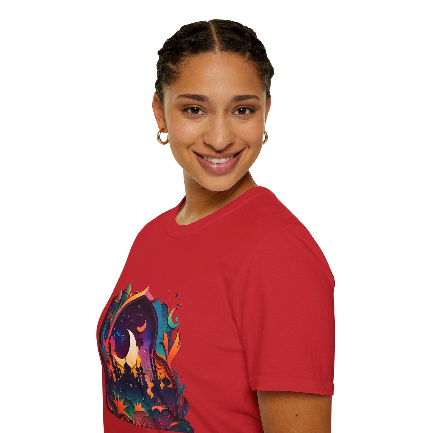 Celestial Unisex T-Shirt with Islamic Theme, Festival Wear Neon Color Masjid