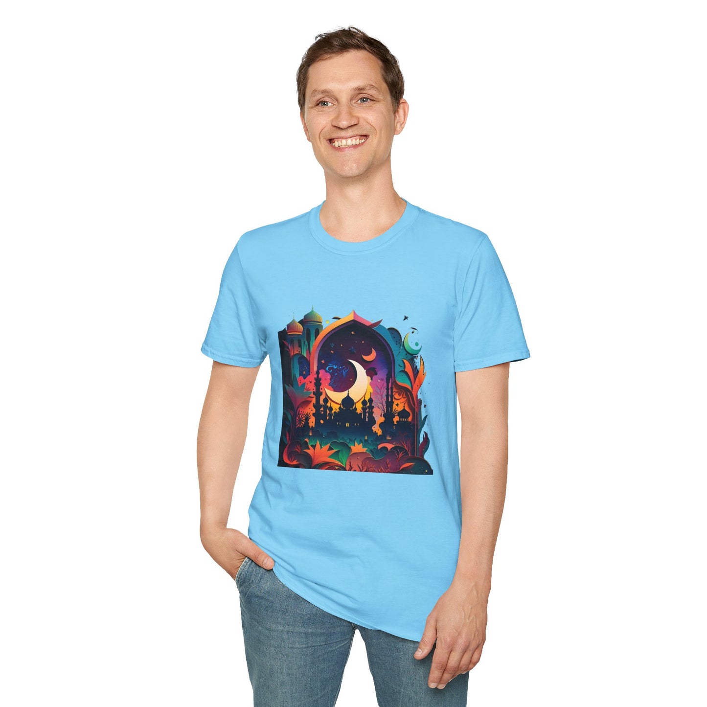 Celestial Unisex T-Shirt with Islamic Theme, Festival Wear Neon Color Masjid
