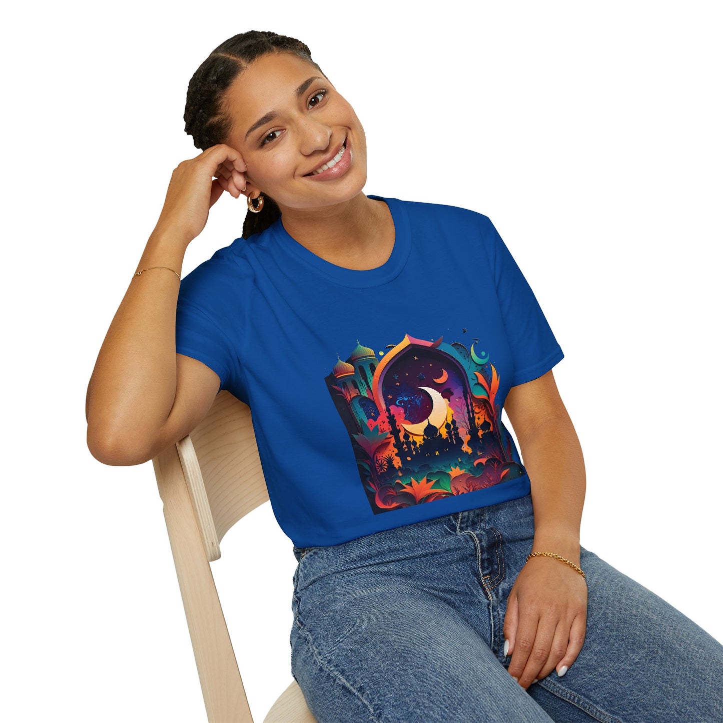 Celestial Unisex T-Shirt with Islamic Theme, Festival Wear Neon Color Masjid