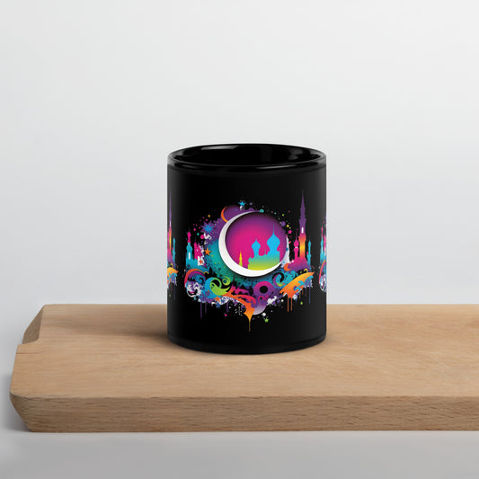 Neon Dream Scape Mosque Black Glossy Mug Islamic Gifts