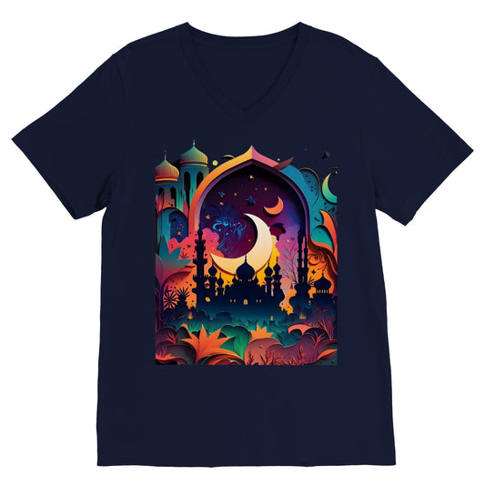 Premium Unisex V-Neck T-shirt Islamic Theme Neon Dreamscape Mosque colorful Ramadan Hajj Islamic gifts Muslim gifts