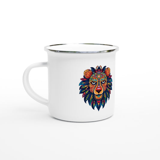 Lion, huichol, Colorful gifts, festival, White, 12oz, Enamel Mug gfits