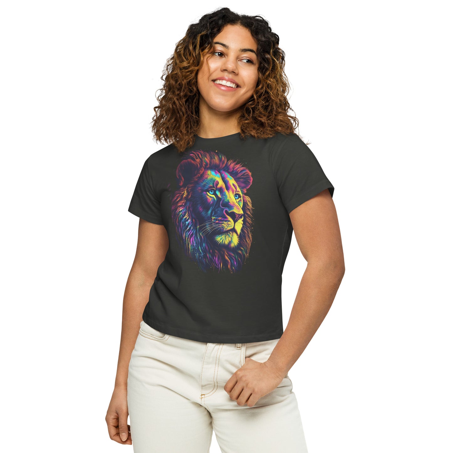 Women’s high-waisted t-shirt - Psychedelic, Lion, Retro, Neon Colors, Trippy